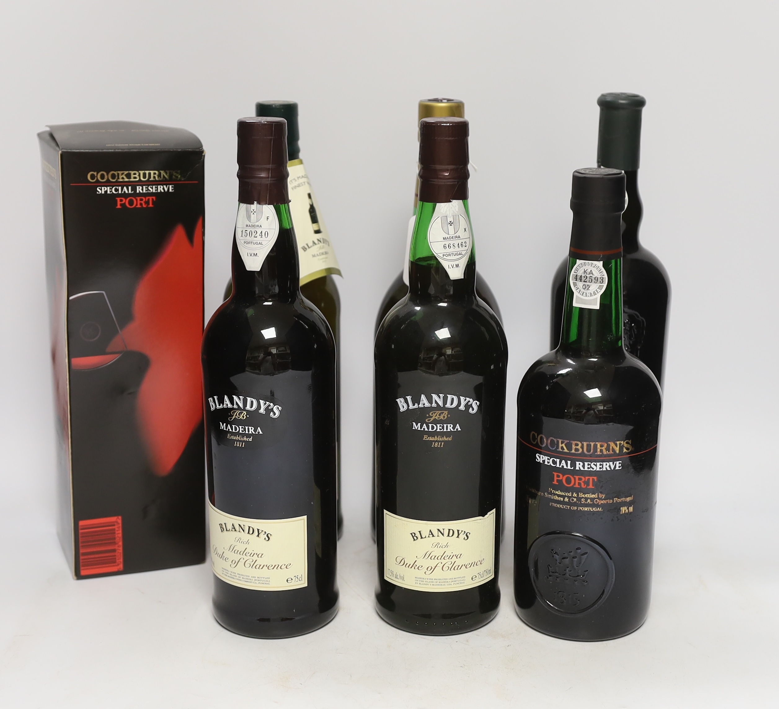 Seven various bottles of port, Madeira and sherry to include Cockburns, Taylor’s, Harvey’s and Blandys